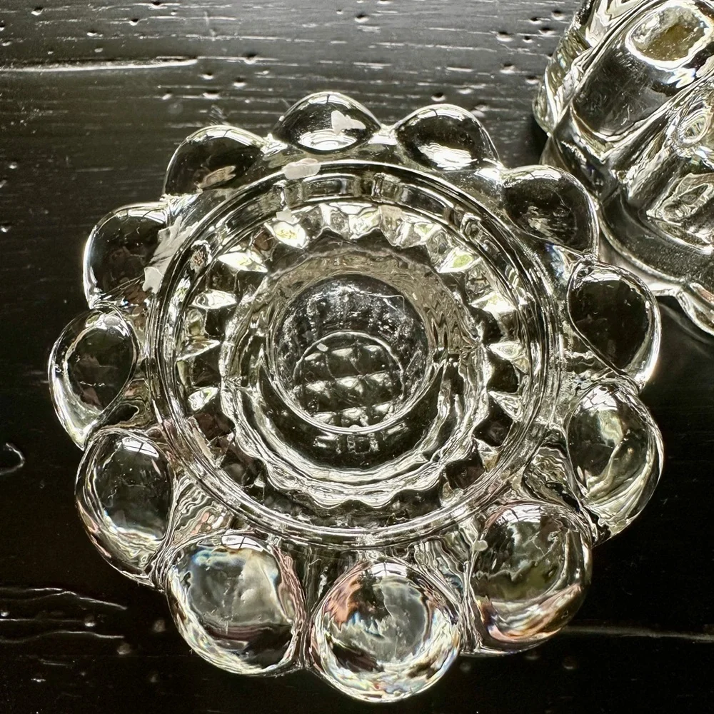 SET/2, CLEAR, LEAD CRYSTAL CANDLE HOLDERS. HEAVY, ROUND, SCALLOPED HOLDERS